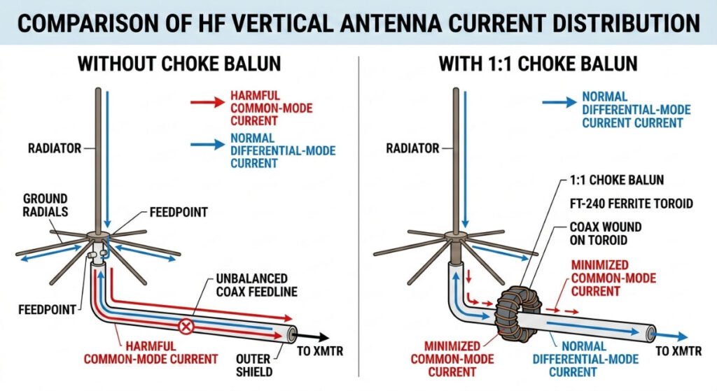 eliminate common mode current by a choke balun in an antenna system