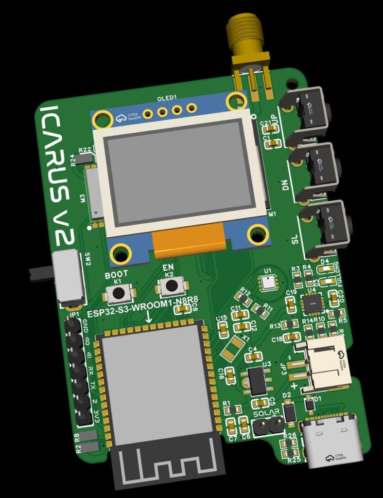 Custom modified Icarus‑v2 Meshtastic PCB layout 3D view