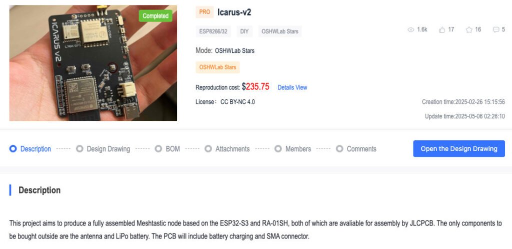 Icarus‑v2 open‑source Meshtastic node project on OSHWLab
