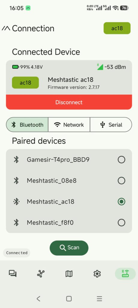 Meshtastic app connected to node via Bluetooth