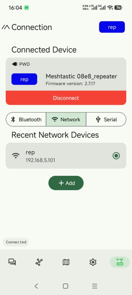 Meshtastic app connected to node via WiFi