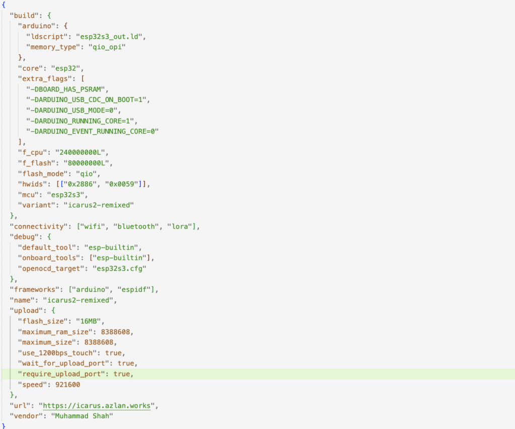 Custom board.json configuration for Icarus2‑remixed Meshtastic firmware