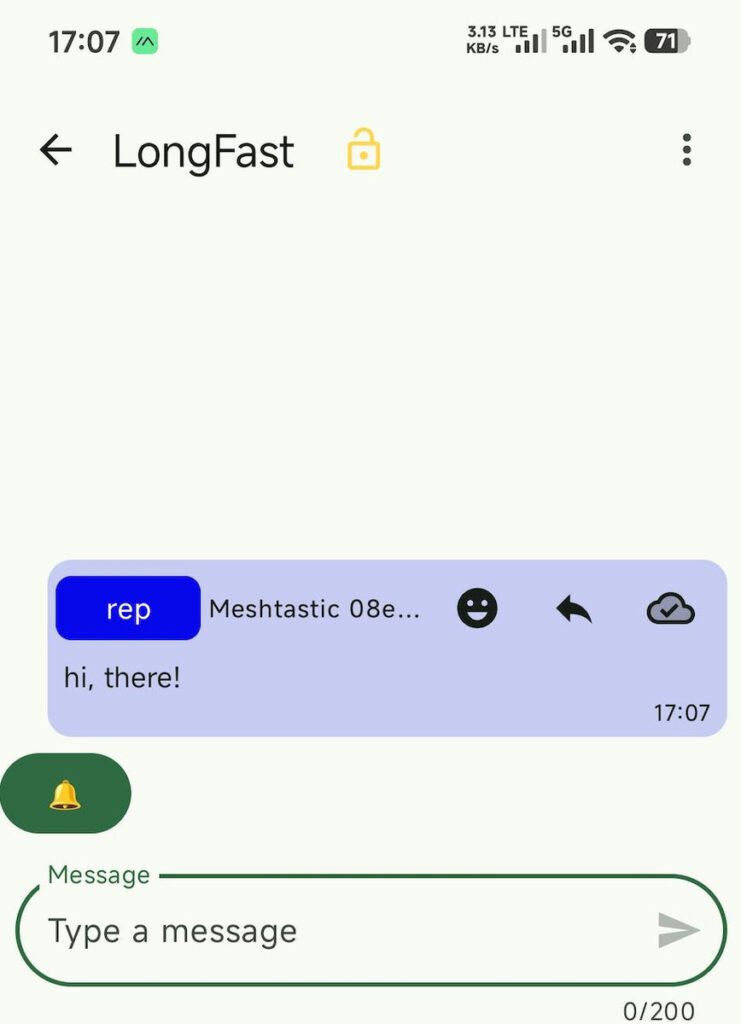 Meshtastic app receiving test message between two nodes