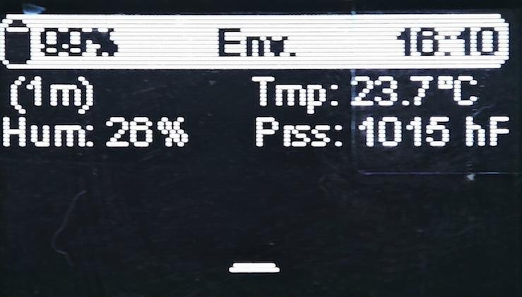 Meshtastic node OLED screen showing BME280 environmental sensor data: temperature, humidity, pressure