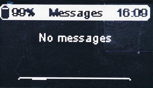 Meshtastic node OLED messages screen showing no new messages