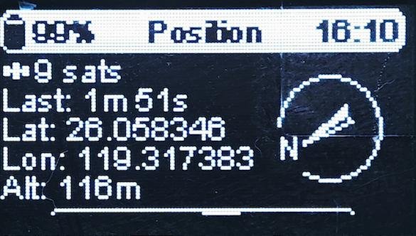 Meshtastic node OLED position screen with GPS coordinates, altitude, and satellite count