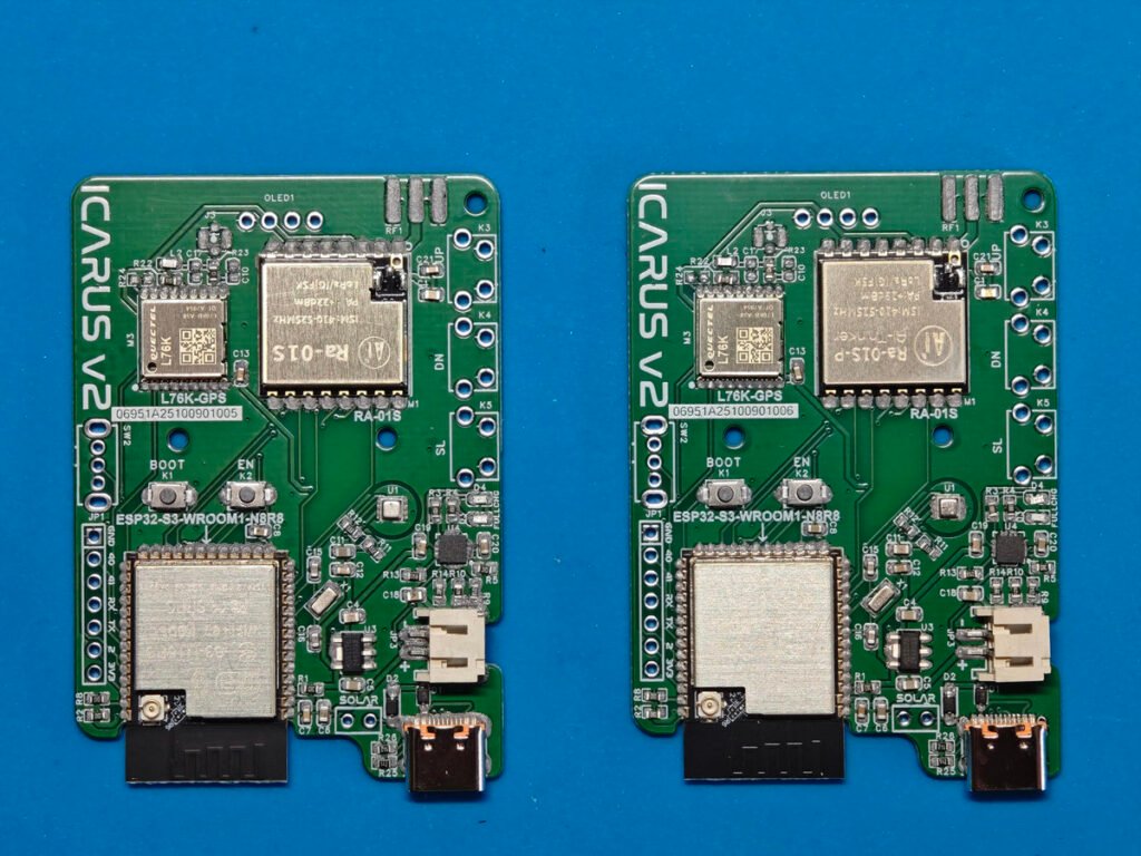 SMD components placed on Icarus‑v2 Meshtastic PCB
