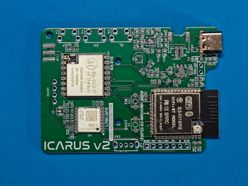 Icarus‑v2 Meshtastic PCB with solder paste applied