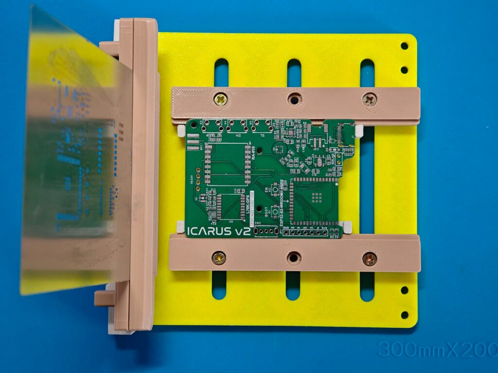 PCB installed on a 3d printed frame ready for solder paste screening