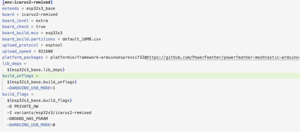 platformio.ini configuration for compiling custom Meshtastic firmware