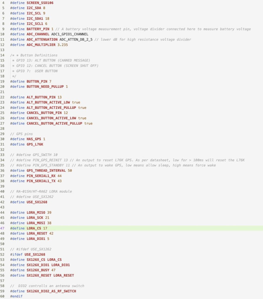 variant.h file defining GPIO pins for Meshtastic node peripherals