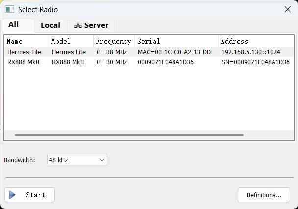 sdr console radio select hermeslite2