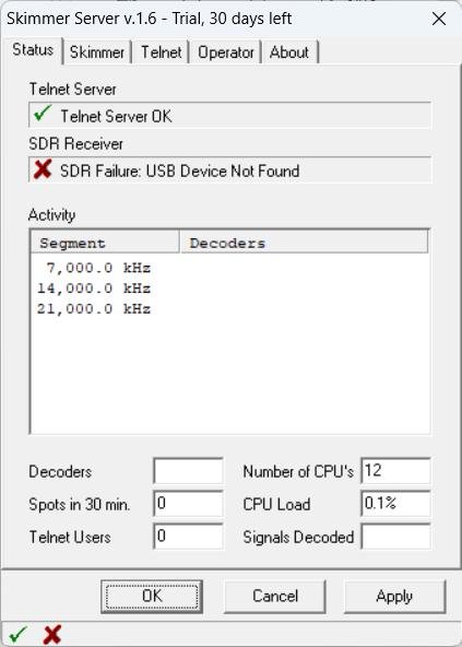 cw skimmer server status sdr failure