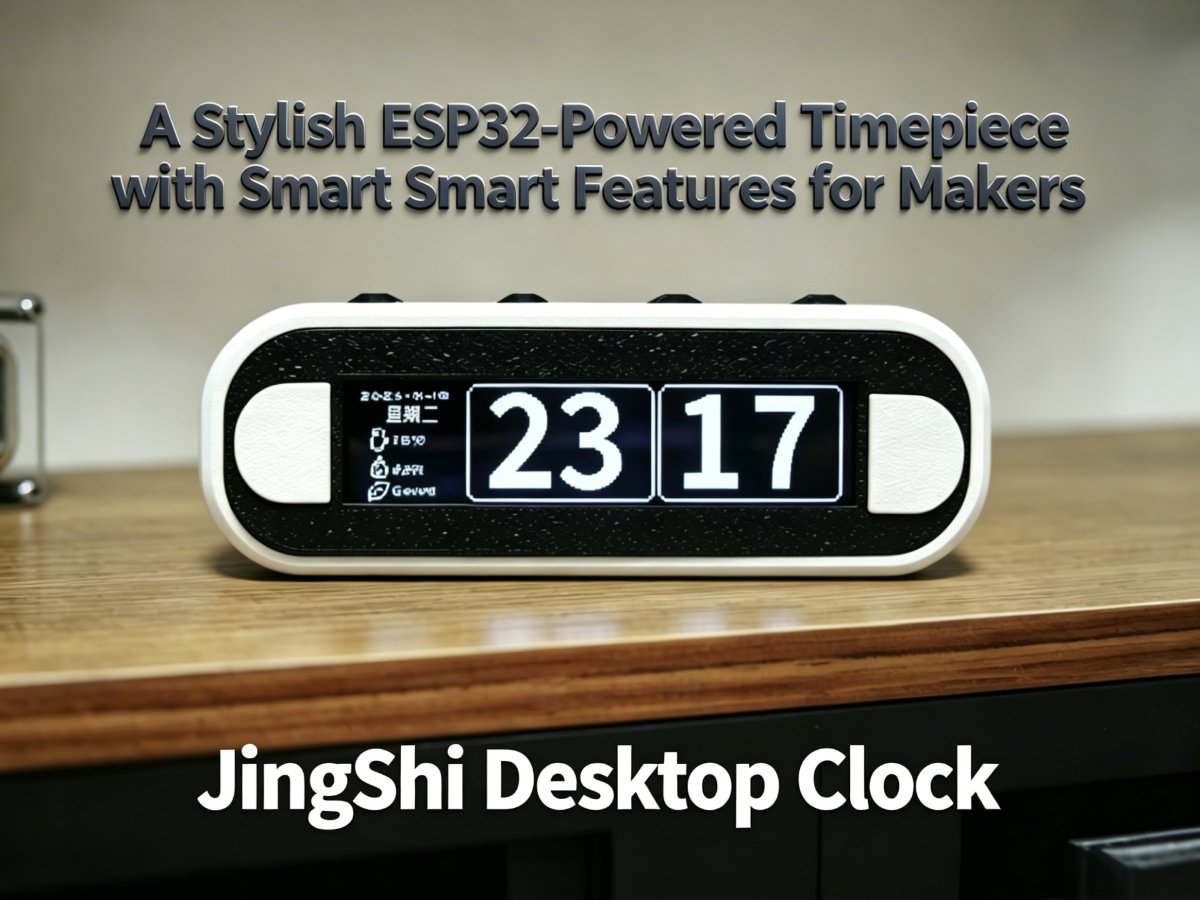 JingShi Desktop Clock: Stylish ESP32-powered smart timepiece with OLED display, featuring article title overlay "A Stylish ESP32-Powered Timepiece with Smart Features for Makers"