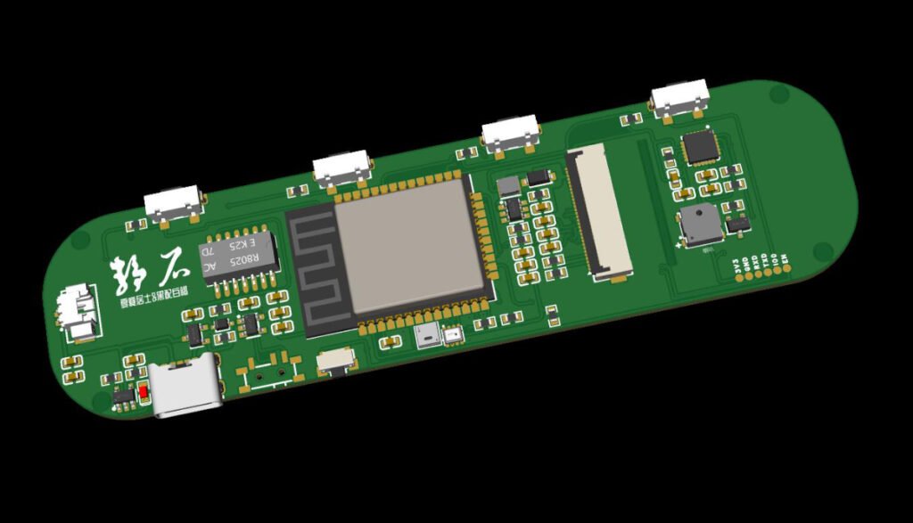 JingShi Desktop Clock 3D render of the main PCB featuring ESP32-WROOM, 3.12" OLED connector, Type-C charging, and minimalistic design