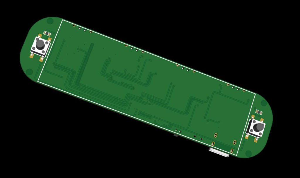 JingShi Desktop Clock PCB bottom view 3D render showing trace routing and tactile button placement