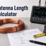 Coiled copper wire beside an antenna analyzer with the title Antenna Length Calculator