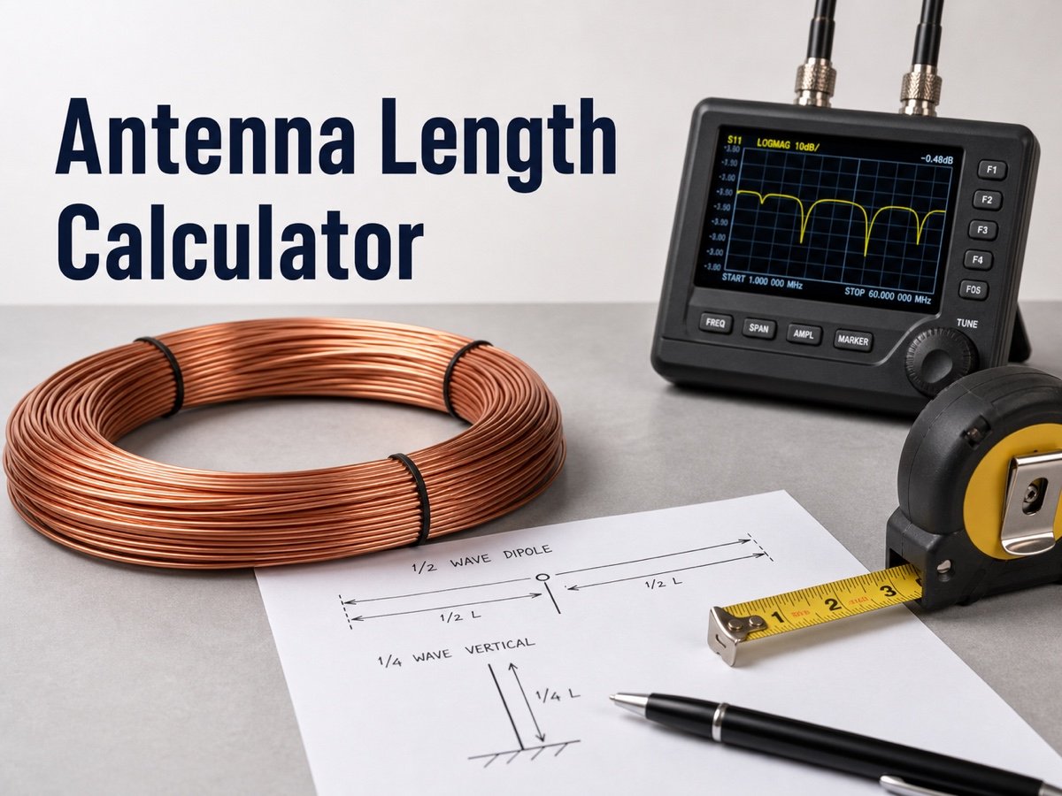 Coiled copper wire beside an antenna analyzer with the title Antenna Length Calculator