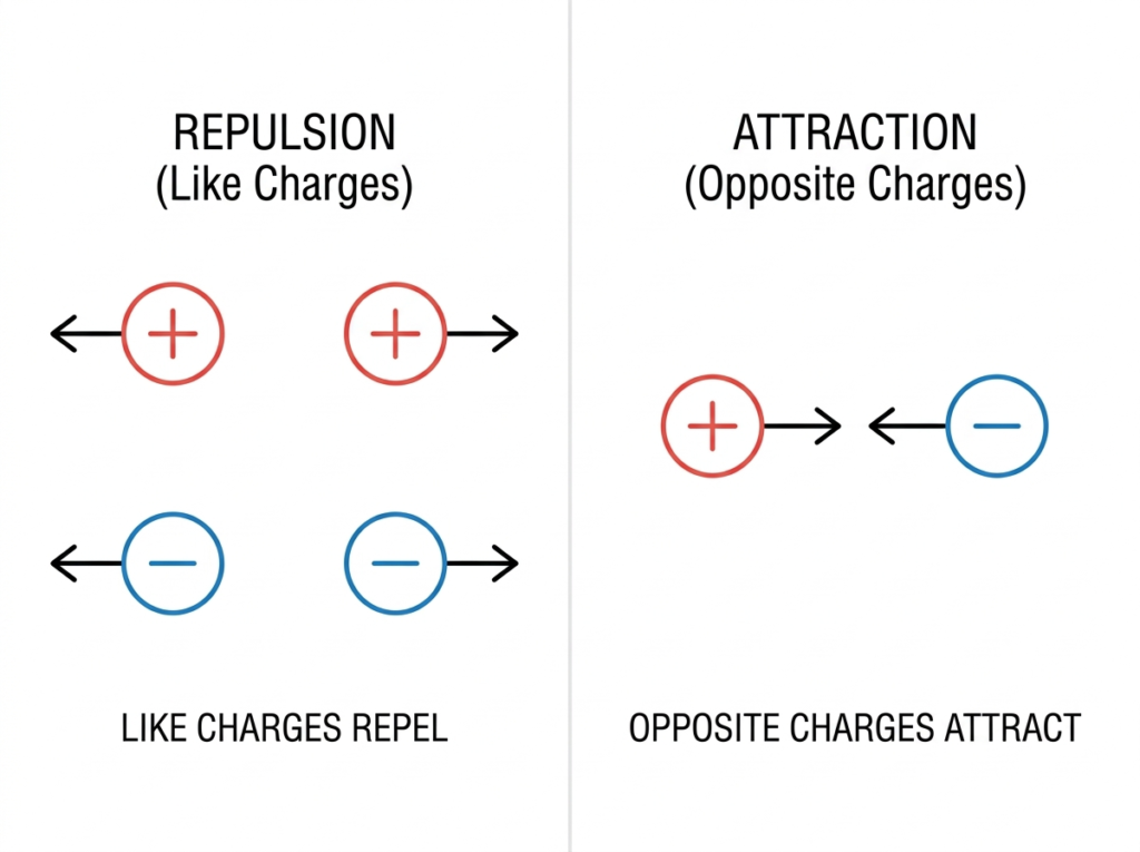 Physics diagram demonstrating Coulomb's law: like charges (positive-positive, negative-negative) repel, opposite charges attract.
