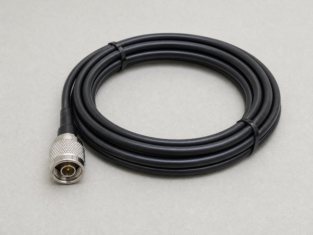 Coiled black coaxial cable with a silver connector on a clean gray surface