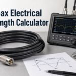 Coiled coaxial cable beside an antenna analyzer with the title Coax Electrical Length Calculator