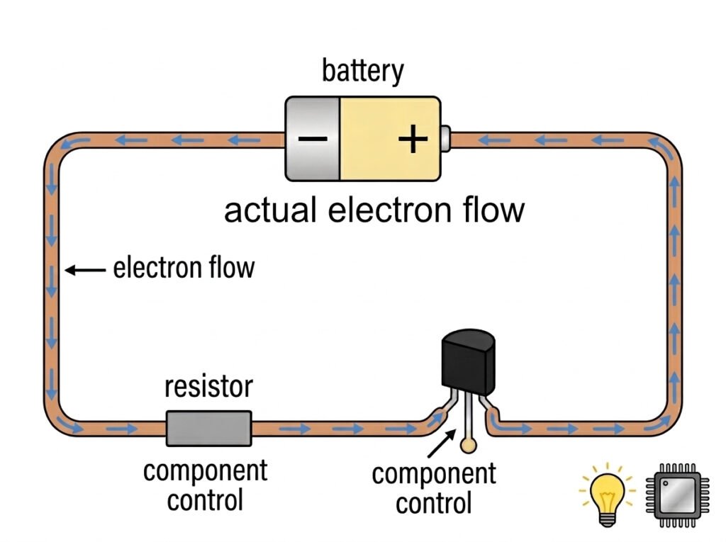Summary circuit diagram showing a battery, resistor, and transistor controlling electron flow to power a light bulb and microchip.