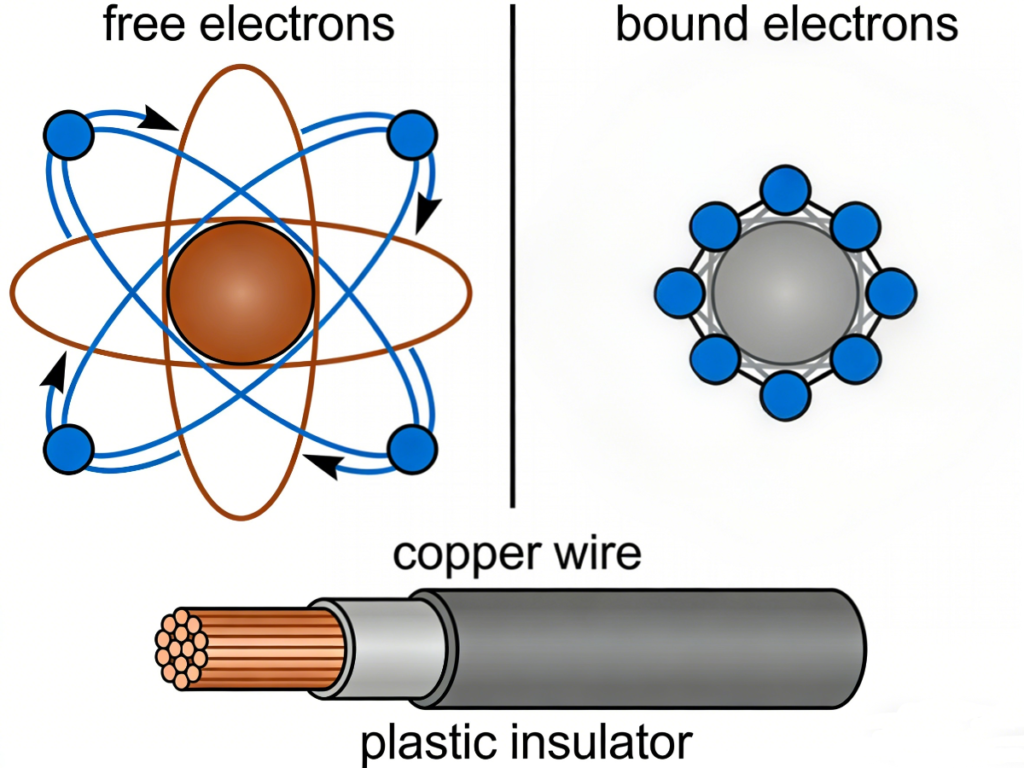 Side-by-side comparison of a copper conductor atom (free electrons) and a plastic insulator atom (bound electrons), with a wire cross-section below.