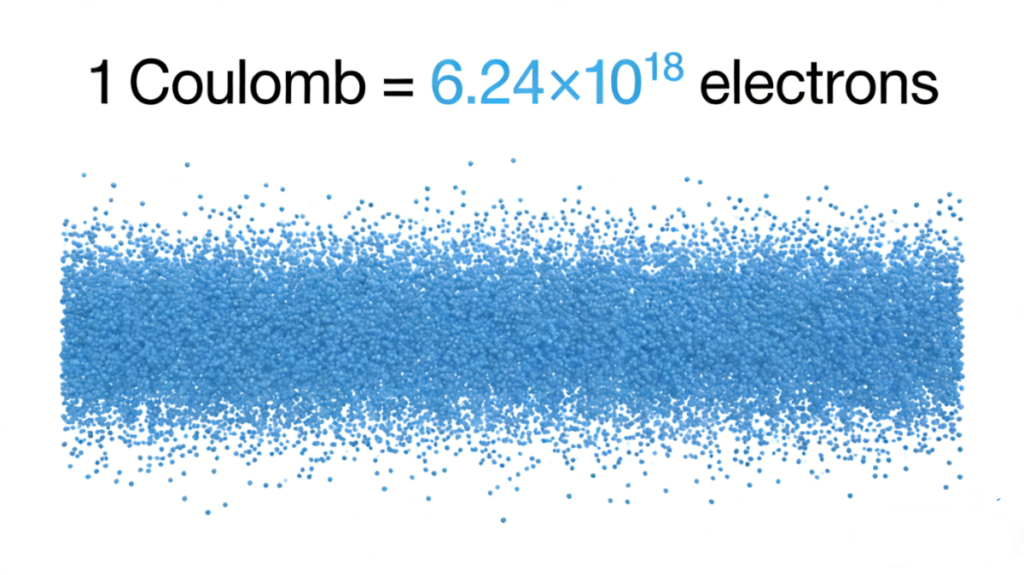 Infographic showing the definition of a Coulomb: 1 Coulomb equals 6.24×10¹⁸ electrons, represented by a dense field of blue dots.