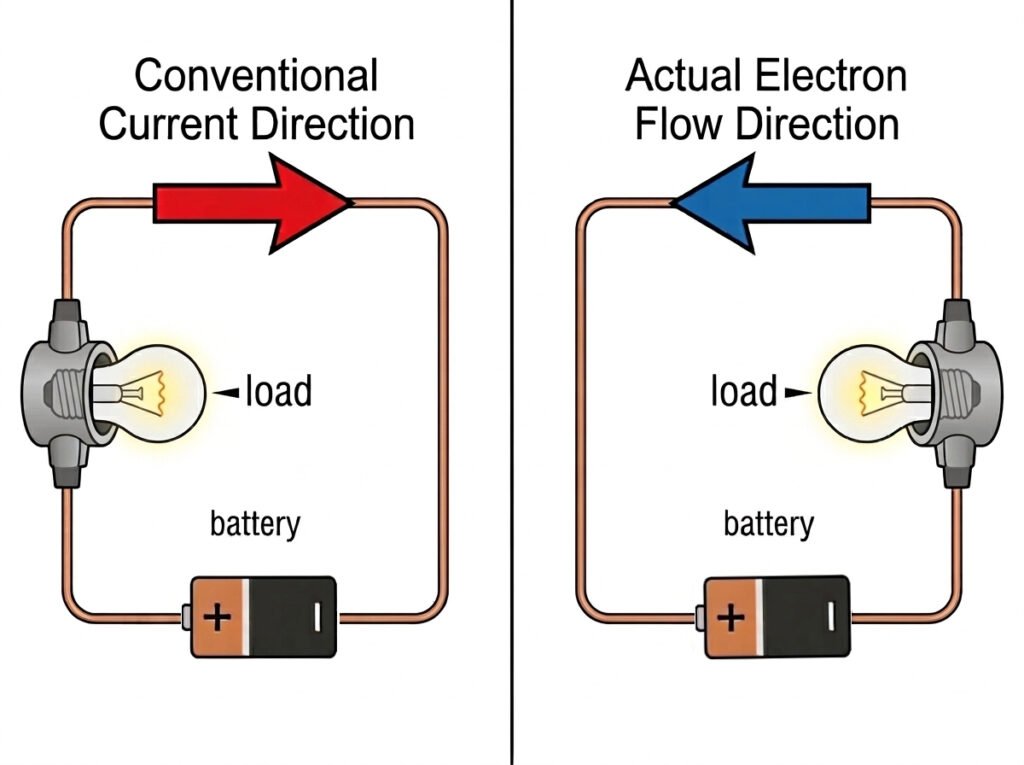 Split-screen diagram contrasting conventional current flow (red arrow) with actual electron flow (blue arrow) in a basic resistor circuit.