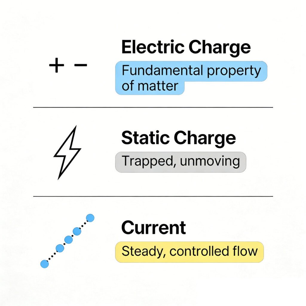 comparison of electric charge static charge and current, key traits, electronics basics
