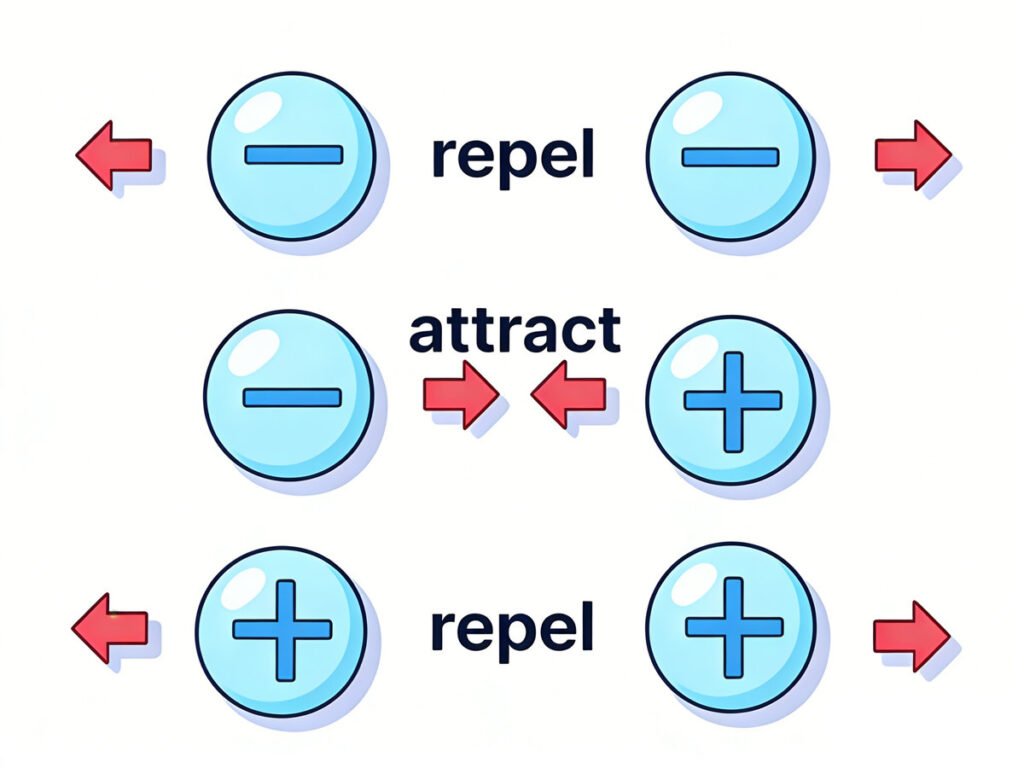 electric charge interaction diagram, positive and negative charges repel and attract, electronics basics
