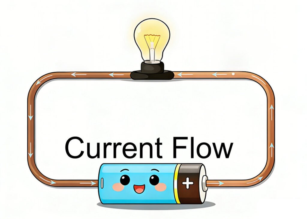 electric current flow in conductor, free electrons moving in copper wire, electronics basics