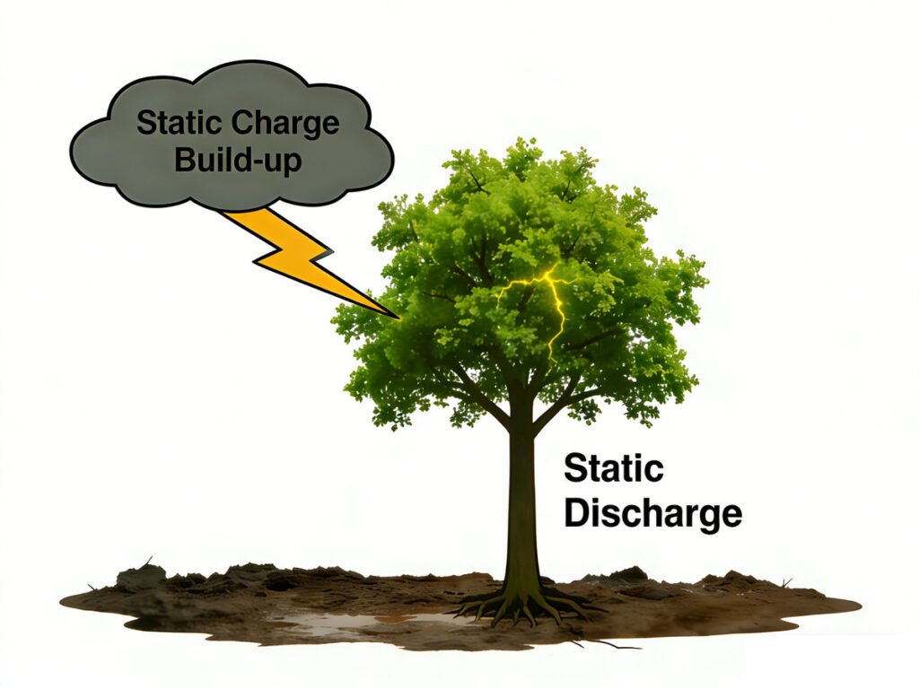 lightning as static discharge diagram, static charge build-up in clouds, electronics basics