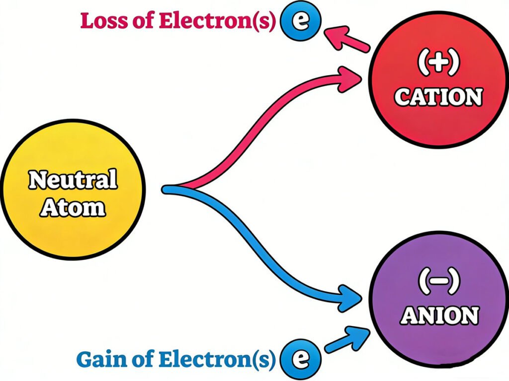 neutral atom vs cations and anions comparison, electron loss and gain, electronics basics