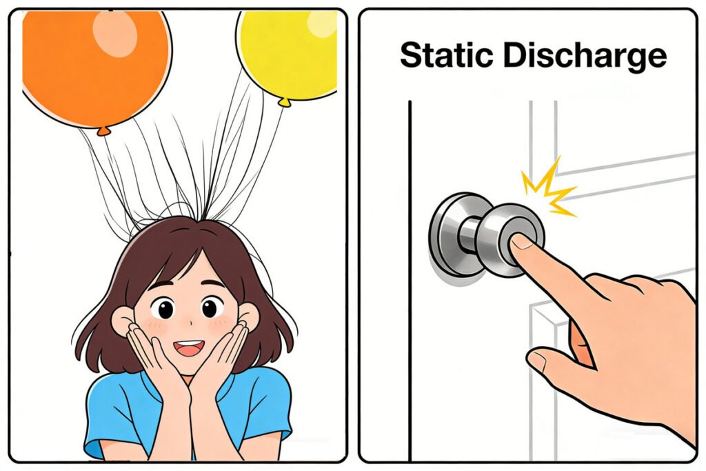 static charge everyday examples, balloon and hair, doorknob spark, electronics basics
