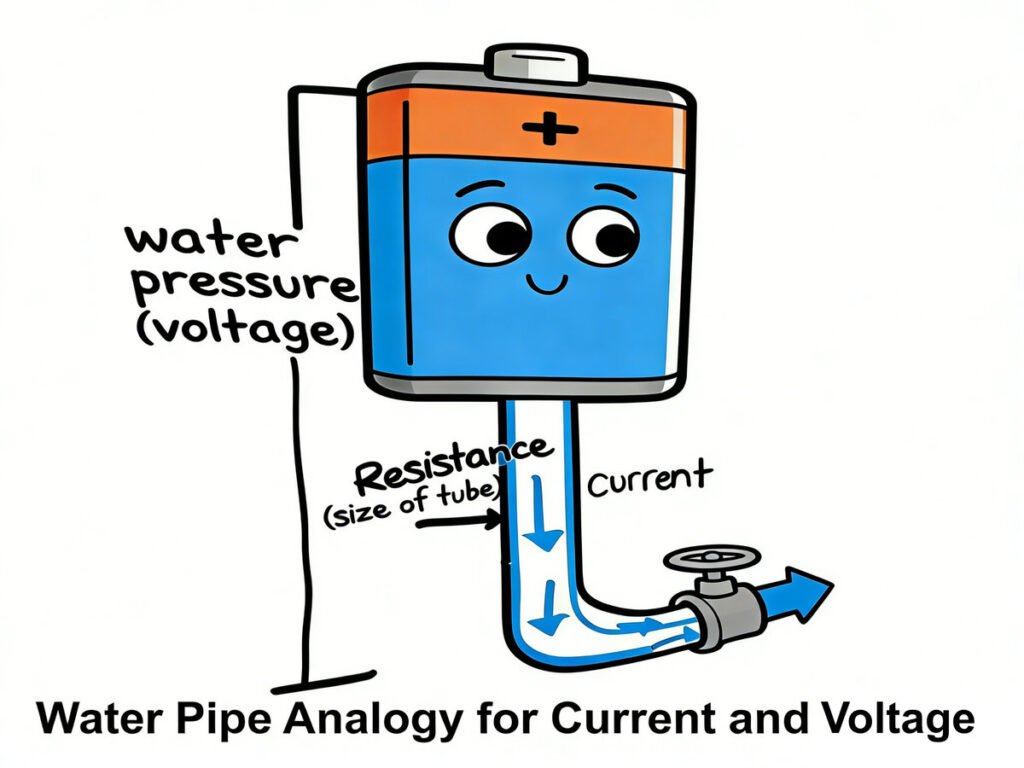 water pipe analogy for current and voltage, electronics basics, beginner friendly