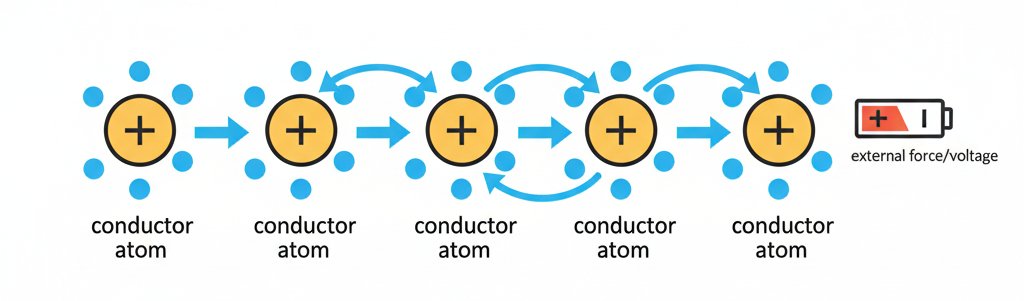 Dynamic illustration of electrons moving between copper atoms in a conductor, creating a chain reaction known as electric current.