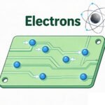 Illustration of glowing blue electrons moving through a circuit board with the title "Electronics Basics 01: What Is an Electron?"