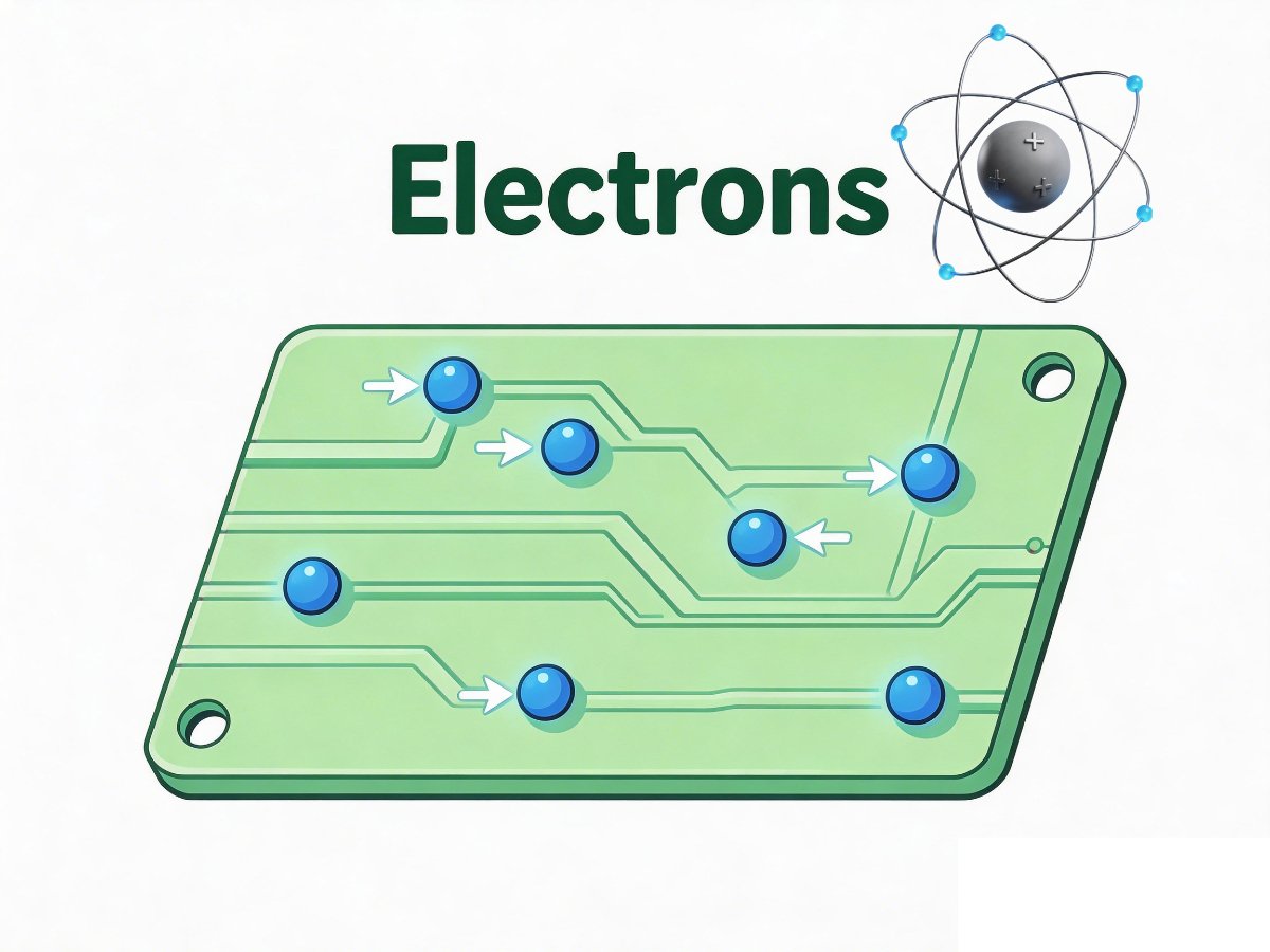 Illustration of glowing blue electrons moving through a circuit board with the title "Electronics Basics 01: What Is an Electron?"