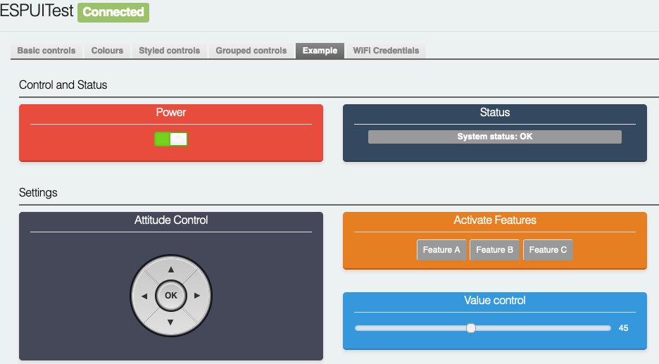 ESPUI web control panel for ESP32/ESP8266 showing buttons, sliders, WiFi settings, and live status