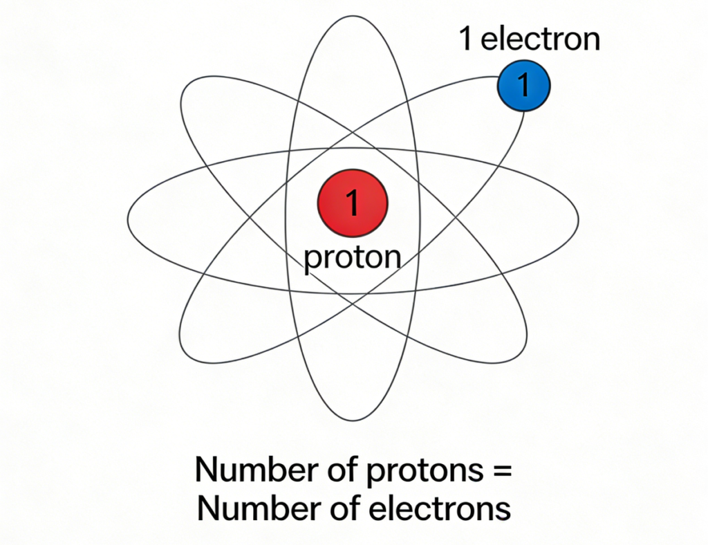 Diagram of a neutral hydrogen atom with 1 red proton and 1 blue electron, illustrating charge equilibrium.