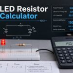 LED resistor calculator showing a red LED, current limiting resistor, circuit diagram, and resistor value readout.