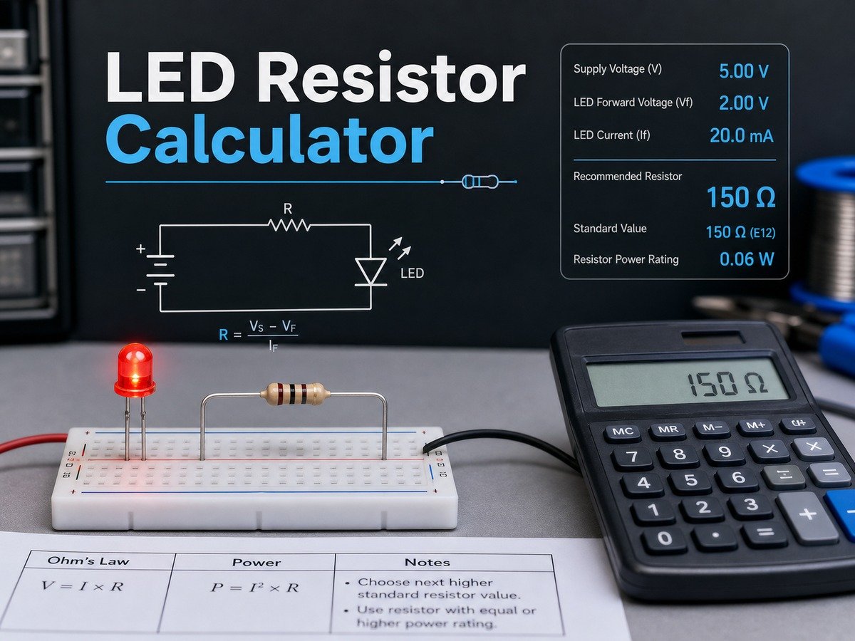 LED resistor calculator showing a red LED, current limiting resistor, circuit diagram, and resistor value readout.