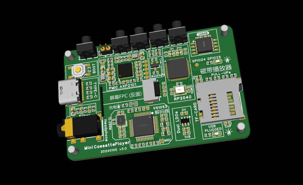 MPY Cassette Player V4 PCB top view showing RP2040, VS1053, and AXP2101 components