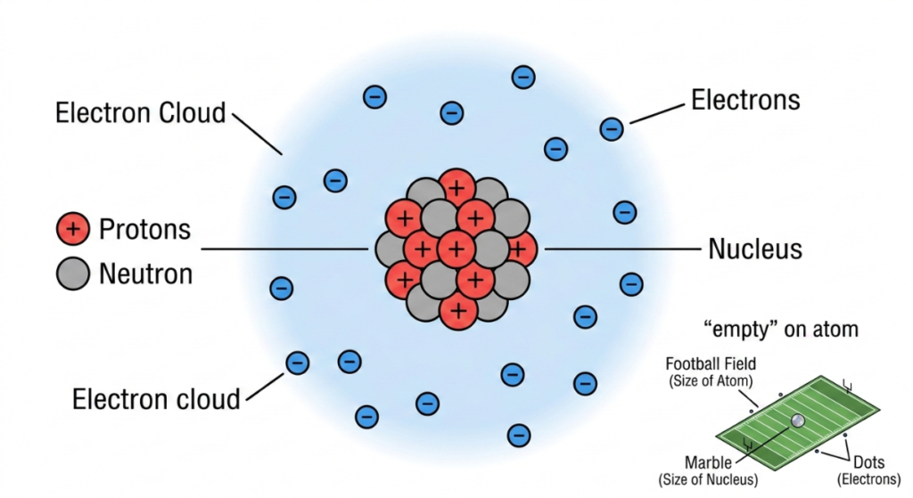 Simplified line art of an atom showing a dense nucleus with protons and neutrons, surrounded by a light blue electron cloud. Includes a football field analogy infographic.