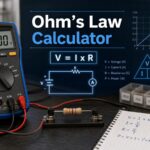Ohm's law calculator feature image with a multimeter, simple circuit, and V equals I times R formula.