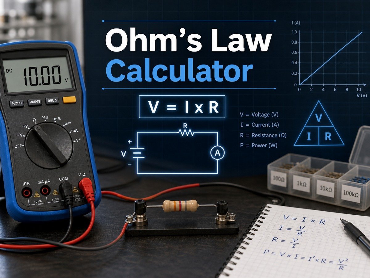 Ohm's law calculator feature image with a multimeter, simple circuit, and V equals I times R formula.