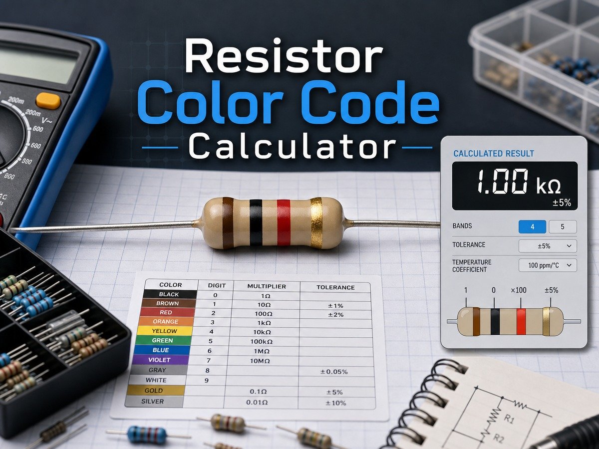 Resistor color code calculator with a banded resistor, multimeter, and resistance value display.