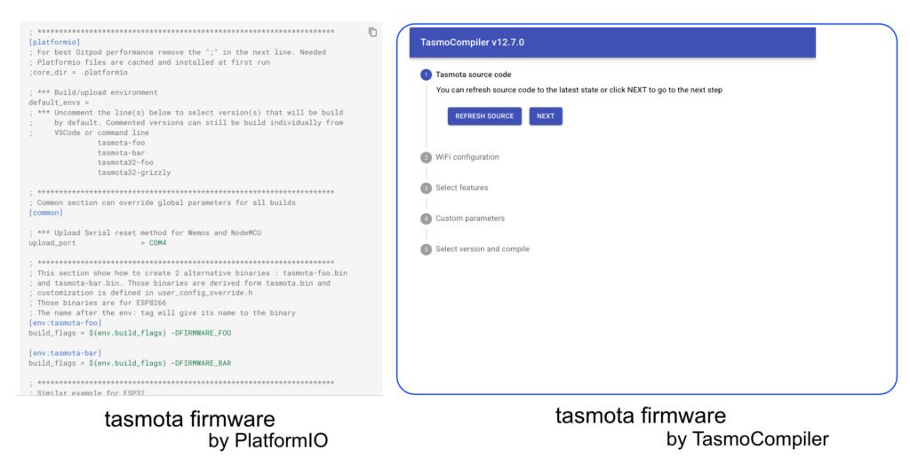 Side-by-side comparison – messy PlatformIO compile setup vs clean TasmoCompiler web interface