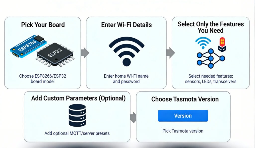 TasmoCompiler 5-step workflow infographic